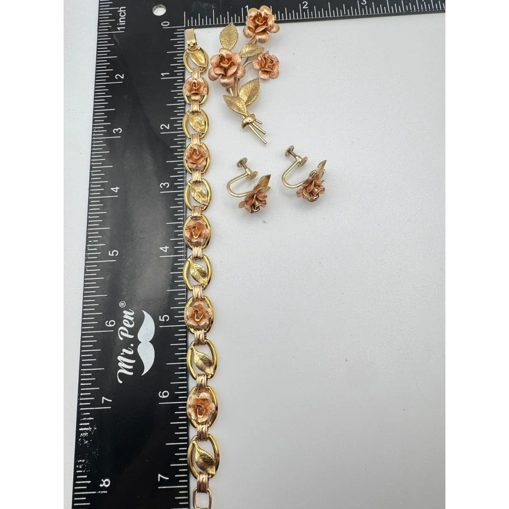 Vintage Krementz Bracelet Brooch Earrings Set Two Tone Rose